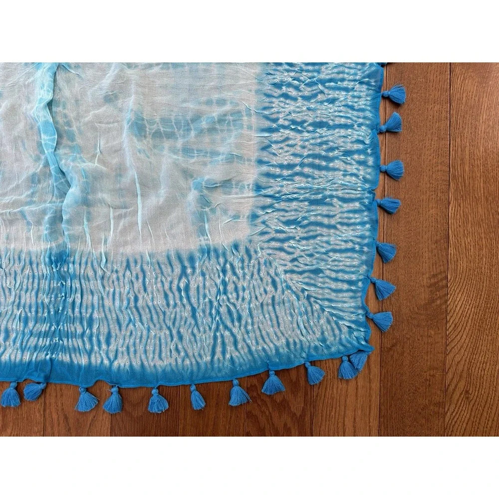 Eileen Fisher Womens Artisanal Silk Tasseled Square Scarf Wrap Blue‎ NWT